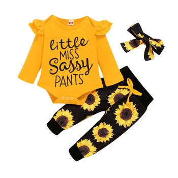

baby Clothing Girl suit Long sleeve letter Romper/Floral Sweatpant/Headband Ruffle edge little Miss sassy pants letter print