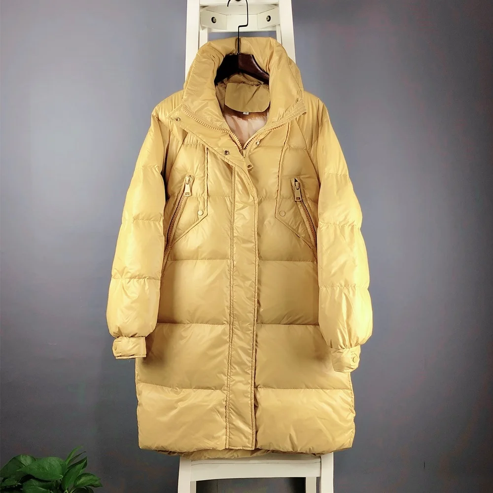 FTLZZ 2020 Stand Collar Long Jacket Woman White