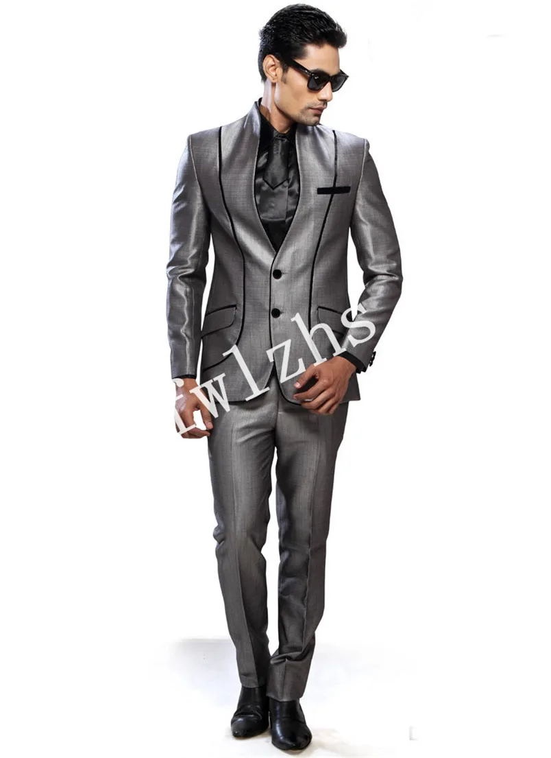 

Handsome Two Buttons Groomsmen Mandarin Lapel Groom Tuxedos Mens Wedding Dress Man Blazer Prom Dinner (Jacket+Pants+Tie) A195