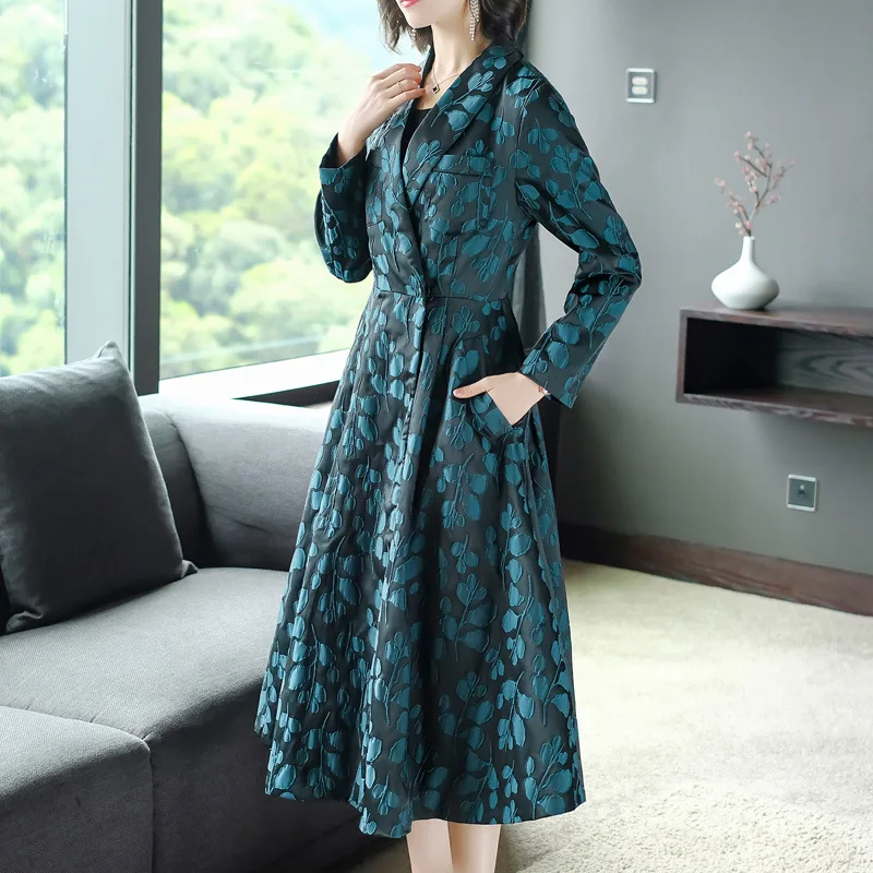 

## Women Coat Plus Size Spring Autumn Turn-down Collar Covered Button Patchwork Long Trench Coat Slim Wind Coat Windbreaker