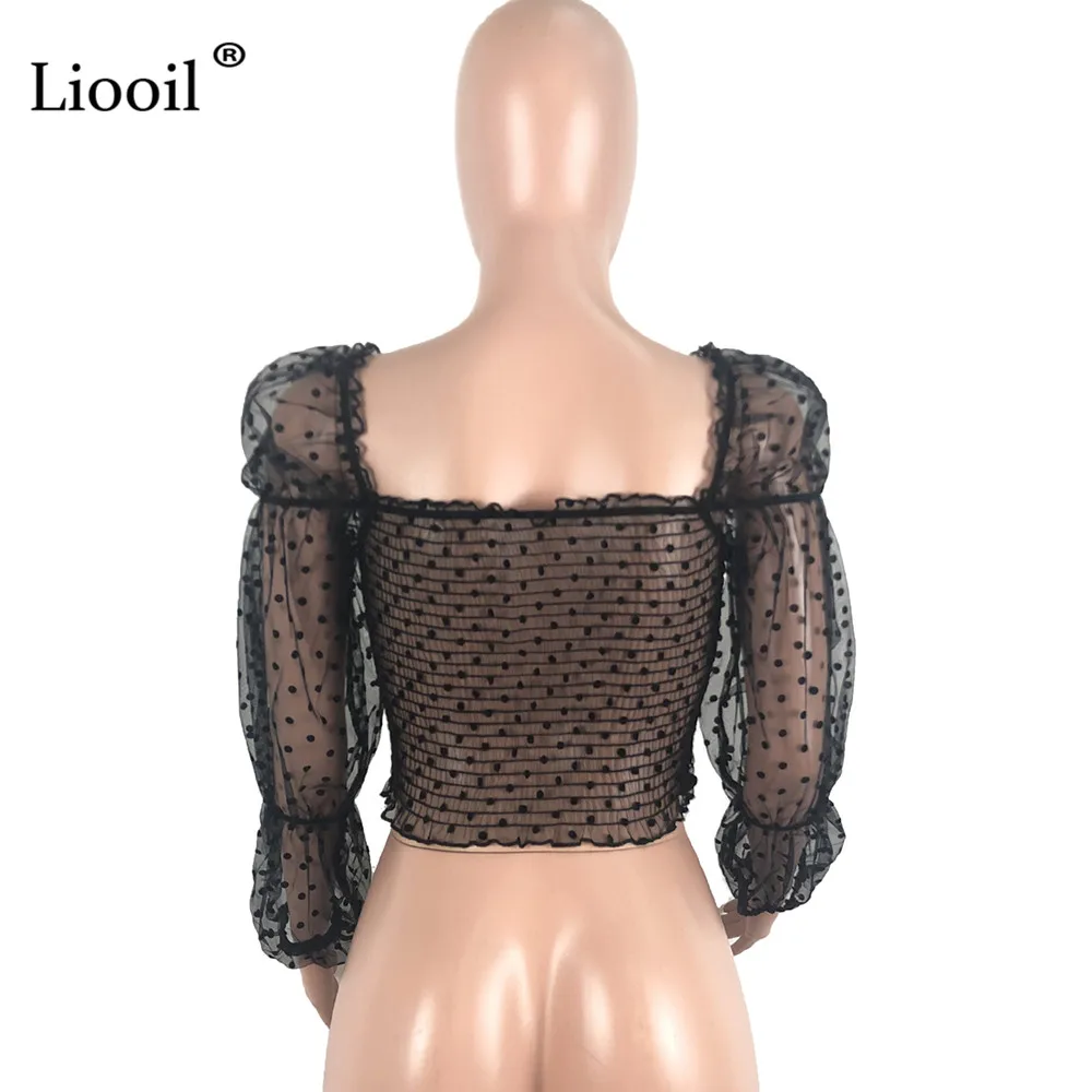 Liooil прозрачная сетчатая блузка в горошек, рубашка, короткий укороченный топ,, уличная одежда, сексуальный клубный пышный длинный рукав, черные женские топы и блузки