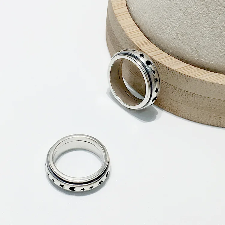 Rotatable Retro The Moon and Stars 925 Sterling Silver Ring Men Women Personality Lovers Fashion Minimalist Jewelry | Украшения и