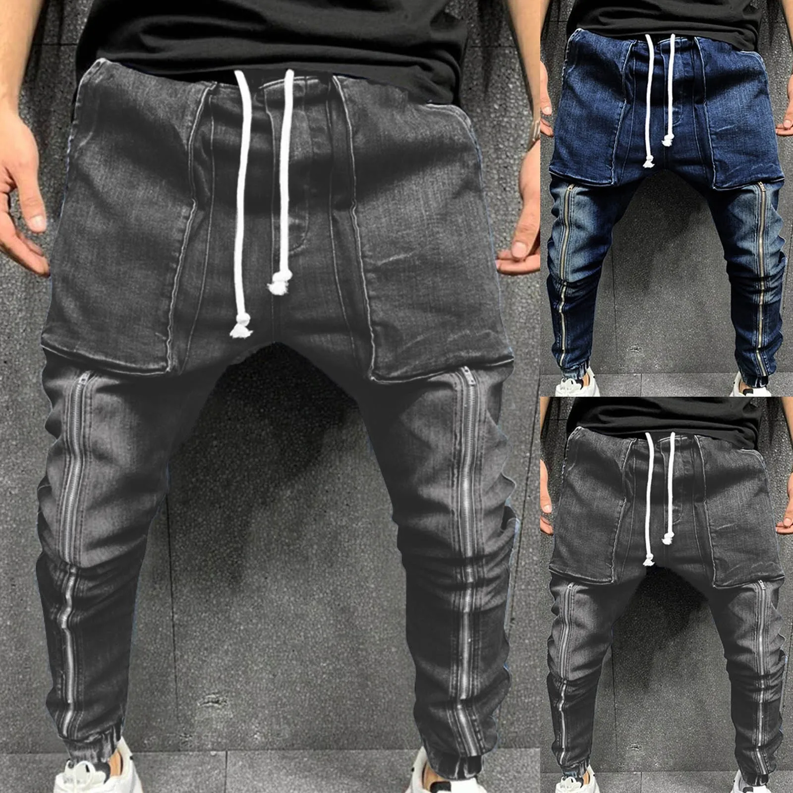 2021 New Men's Casual Sports Jeans Trousers Large Pocket Mid-waist Tethered Jeans Fashion Comfy High Quality Jeans Штаны Мужские 1