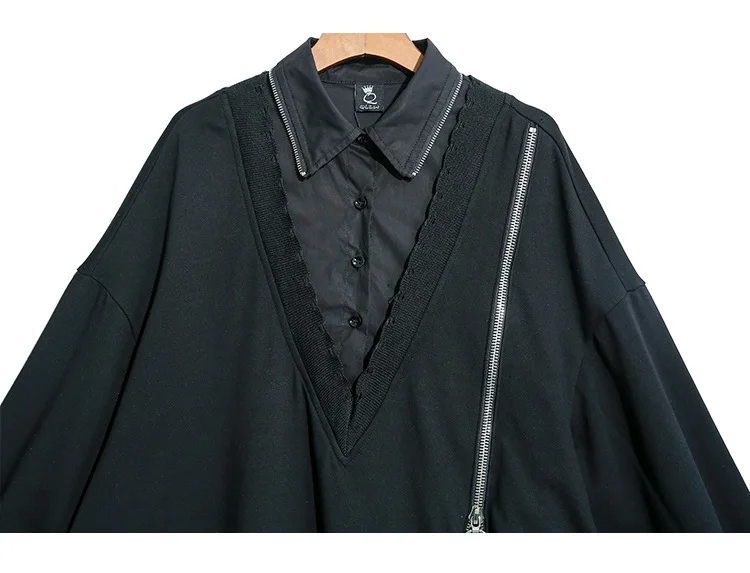 Новинка, корейский стиль, Женское зимнее черное платье-рубашка с длинным рукавом, прямое, на молнии, украшенное, для девушек размера плюс, платье средней длины J233