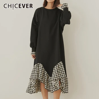 

CHICEVER Patchwork Plaid Hit Color Women's Dress O Neck Flare Sleeve Oversize Loose Midi Female Dresses 2020 Autumn Fashion New