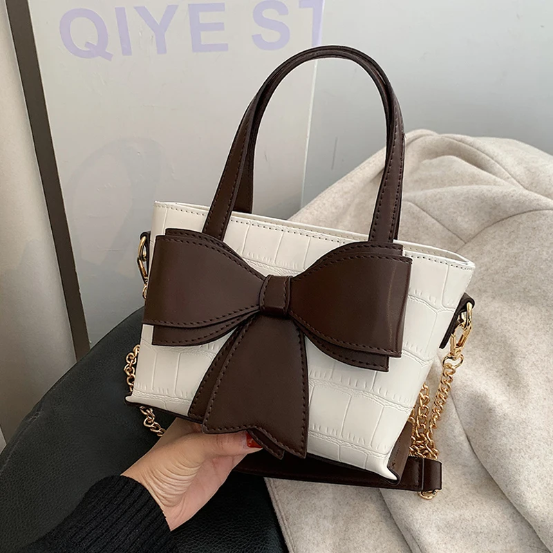 

Cute Bownot Chain Crossbody Bags For Women Stone Pattern Women Shoulder Bag Bucket Top-handle Women's Handbags Casual Solid Tote