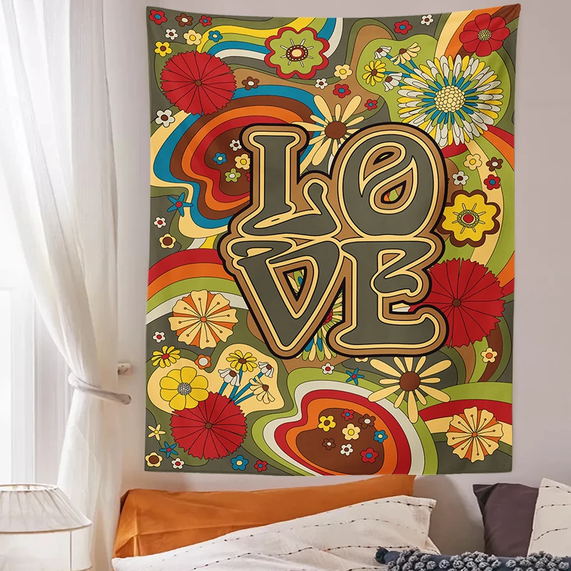 colgante pared de amor y flores, arte Floral psicodélico Hippie Retro de los años 70 y 60, de dormitorio, decoración de pared - AliExpress