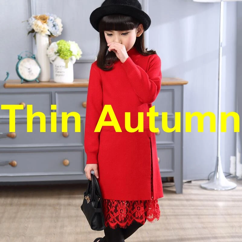 red thin autumn Свитер для девочек-подростков на весну, осень и зиму, детский пуловер с длинными рукавами, свитера, топы для девочек, повседневное кружевное платье - Цвет: red thin autumn