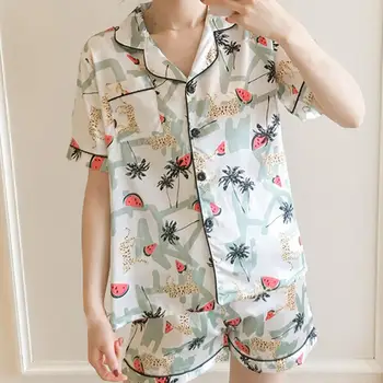 

Summer Short Sleeve Silk Print Pajamas Set Two Pieces Set Women Sleepwear Sexy Loose Nightwear Sleeping set пижама женская#D