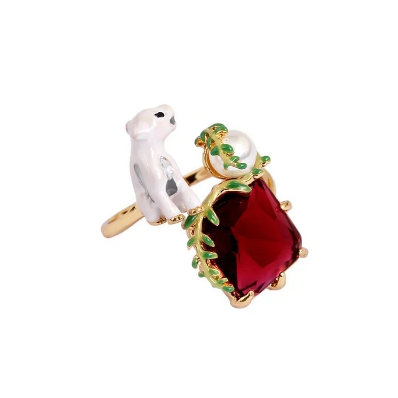 

Cute Enamel Polar Bear Simulated Pearl Adjustable Opening Women Ring Statement Red Crystal Ladies Ring Party Prom Jewelry JZ008