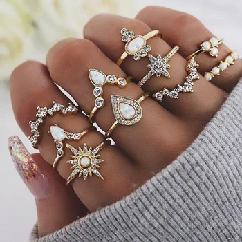 

10 Pcs Vintage Women Ring Fashion Lady Crown Water Drop Combined Knuckle Ring Jewelry Accessories for Female Party Gift