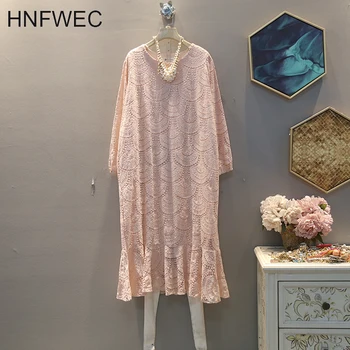 

2020 Spring Autumn New Pattern Round Collar Long Sleeve Solid Hollow Out Lace Patchwork Pullovers Casual Dress V403