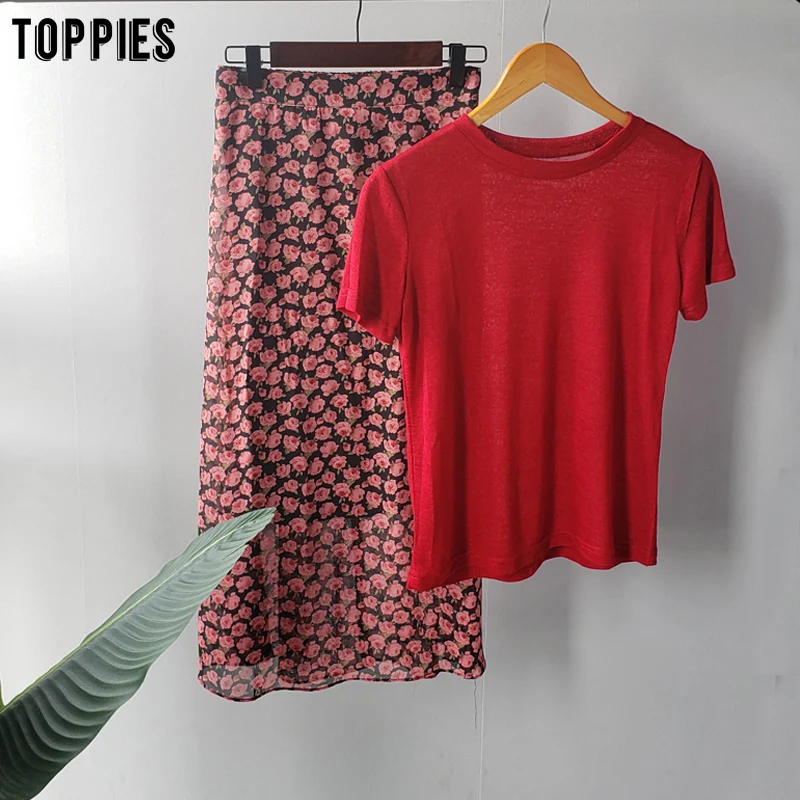 toppies summer two piece set cotton linen t-shirts floral printing midi skirts womens set korean fashion