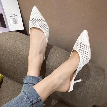 

Cane Women High Heels Slippers Pointed Toe Hollow Breathable Slip On Shoes Thin Heels Pumps Ladies Woven Sandals Summer Slides