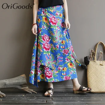 

OriGoods Women Skirt Cotton Flower Print Long Skirt Novelty design Printed Summer Skirt Elastic waist Floral Printed Skirt A450