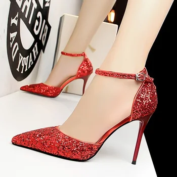 

Women Pumps Wedding Shoes Bride Sexy High Heels Pointed Toe Bling Sequin Party Heel Shoes Gold Red Women Heel Sandals GHN6
