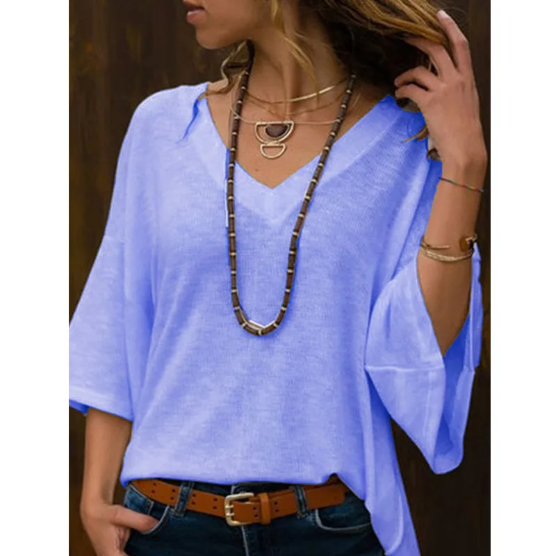 Плюс размер 5XL Женские топы и блузки новые осенние хлопковые полурукава с v-образным вырезом Твердые Блузки женские повседневные свободные рубашки Топы Blusa - Цвет: Синий