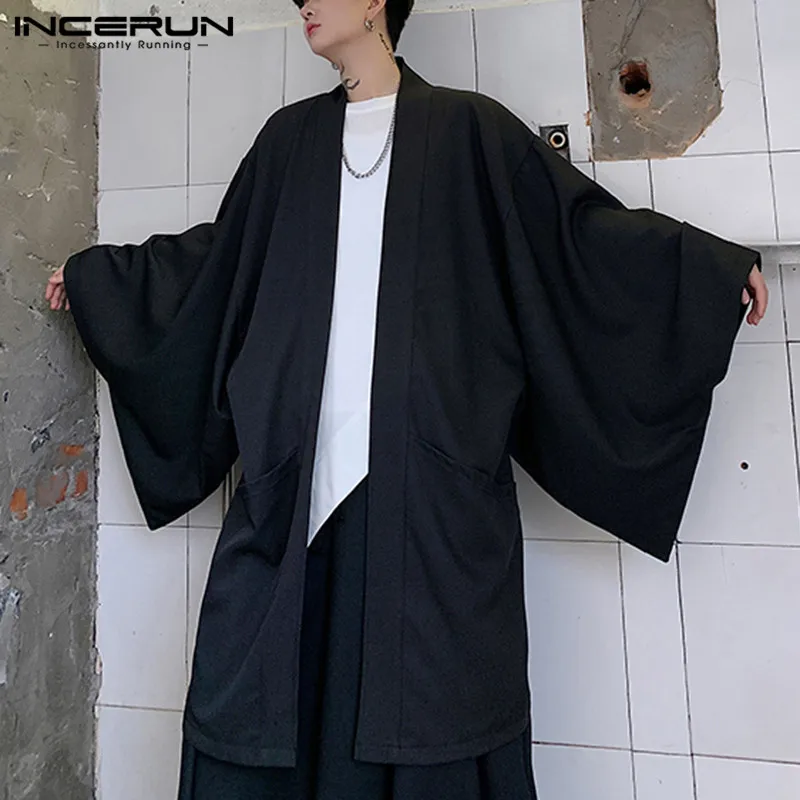 Men Cardigan Open Stitch Loose Long Sleeve Streetwear Trench 2023 Chic Vintage Punk Solid Long Coats Mens Cloak Cape INCERUN 5XL