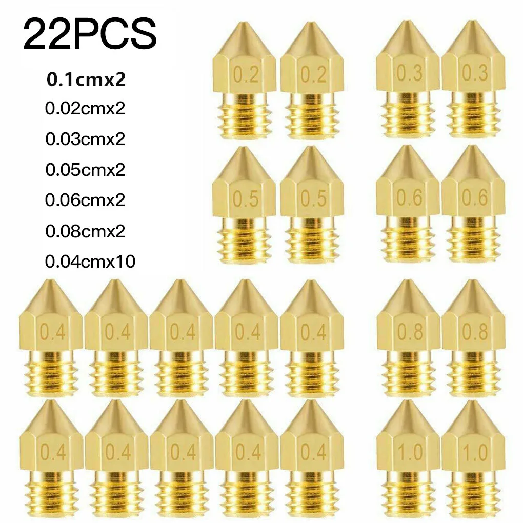 

10/20/22Pcs 3D Printer Brass Nozzle Mixed Sizes 0.2/0.3/0.4/0.5/0.6/0.8/1.0mm Extruder Point Heads For 1.75/3.0MM MK8 Printer