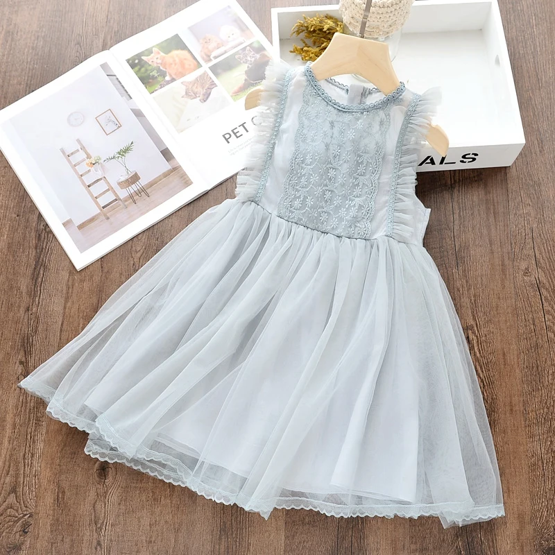 Summer Toddler Girls Lace Cake Dress Kids Sleeveless Floral Mesh Wedding Dresses Children Clothing For Baby Girls 3 to 8 Years