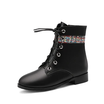 

Genuine Leather low Heels Women Ankle Boots Autumn Winter Night Club Shoes Woman Cross Tied Motocycle Boots