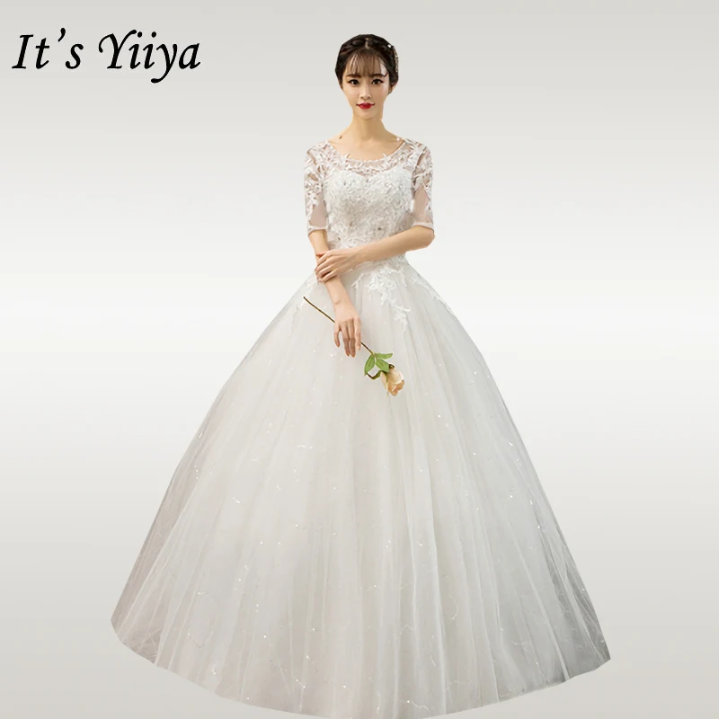 Белый It's YiiYa Wedding Dress O-neck Half Sleeve Wedding Dress Plus Size Elegant Lace Bridal Gown Crystal Long Vestido de novia OY063 - Цвет: Белый