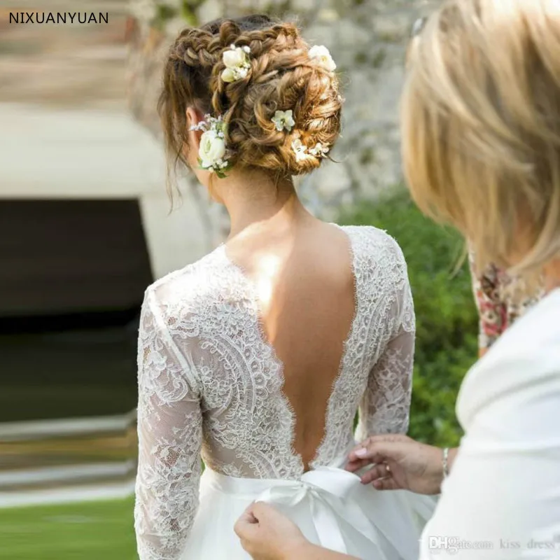 Vestido De Noiva простое пляжное свадебное платье с v-образным вырезом и кружевным рукавом, свадебные платья большого размера с низкой спинкой