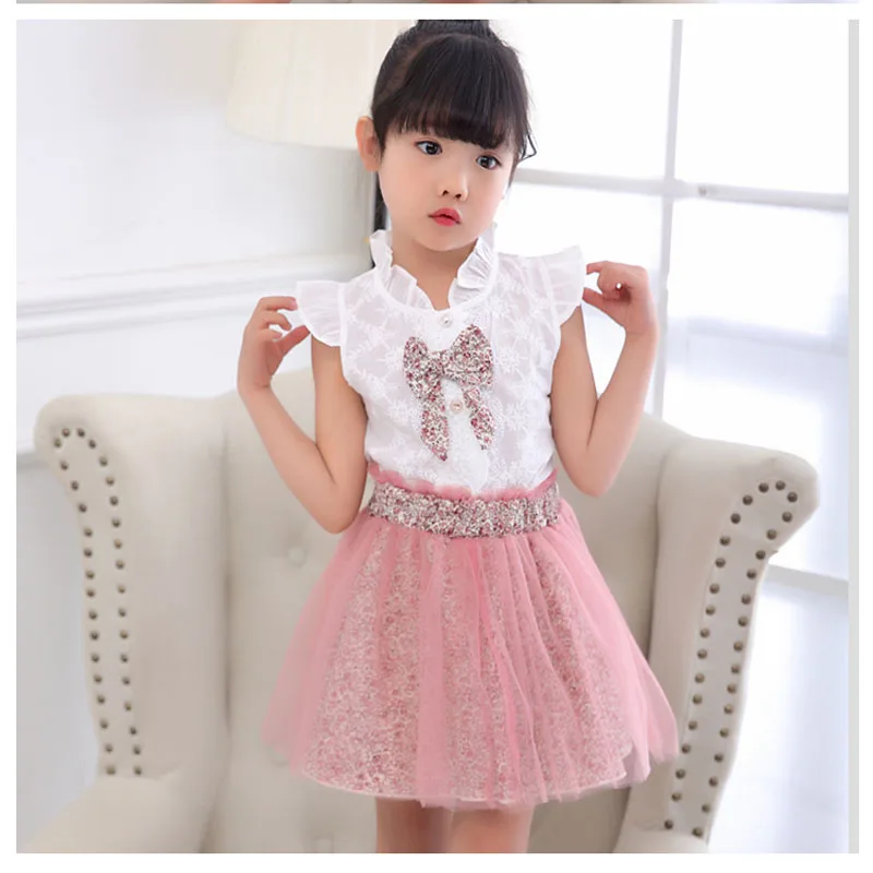 MERI AMMI 2 PCS Children Girl Clothing Outfit Set Sleeveless Floral Tee +Flower Skirts For 2-13 Year Kids