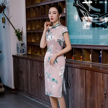 

Pink Plus Size 4XL Rayon Lady Summer Daily Cheongsam Dress Print Flower Elegant Slim Evening Gowns Vintage Short Sleeve Qipao