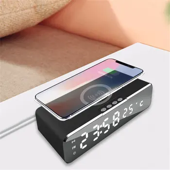 

Desktop LED Alarm Clock 3 Levels Dimmable Screen Wireless Phone Charger Data Temperature Display Digital Clock