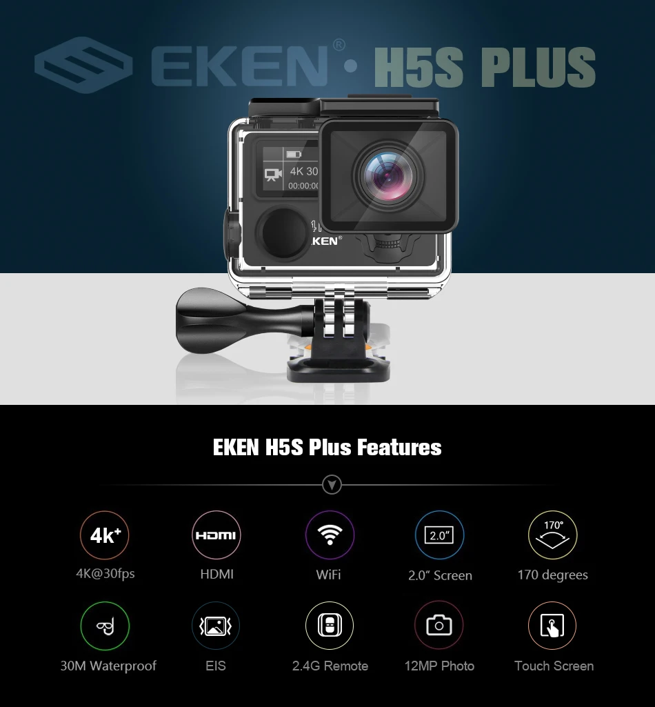 Спортивная камера eken H5S Plus Wifi HD 4K 30fps EIS с чипом Ambarella A12 внутри 30 м Водонепроницаемая 2,0 'Экшн-камера с сенсорным экраном