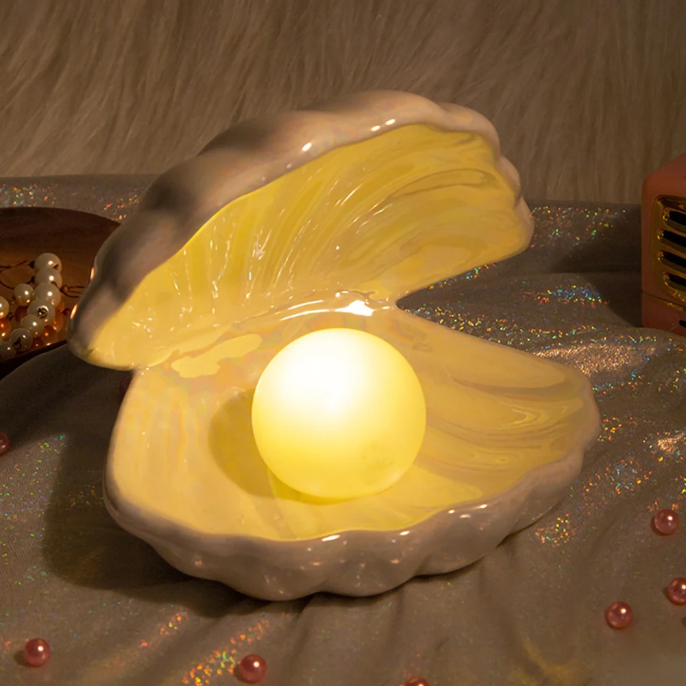 

NEW Fantasy Ceramic Shell Lamp Pearl Mermaid Decoration Night Light Gift Desktop Storage Decoration Lamp