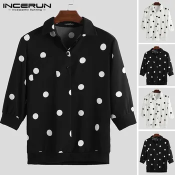 

Stylish Business Men Shirt Polka Dot Print Streetwear Button 3/4 Sleeve Turn-down Collar Camisa Casual Shirts Men 2020 INCERUN