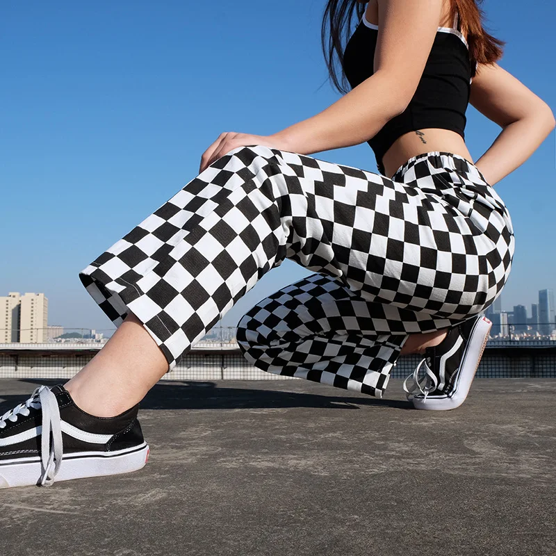 

Plaid Pants Womens High Waist Checkered Straight Loose Sweat Pants Casual Fashion Trousers Pantalon Femme Sweatpants