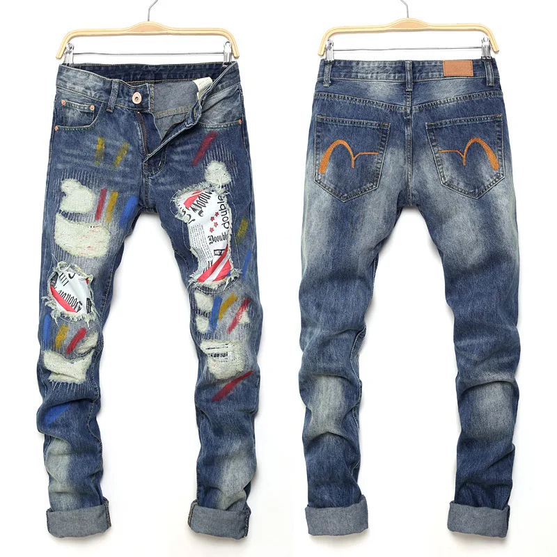 

1J broken hole jeans men's street lacquered crow trousers trendy men's straight tube sticking cloth throwing paint pants beggars
