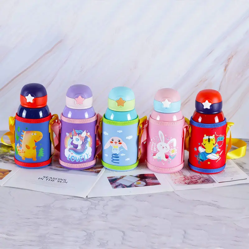 

500ml Stainless steel Vacuum Flasks Water Straw Bottle Handgrip Bag Suitable For Children Over 2 Years Old Thermos Cups 2 Lids
