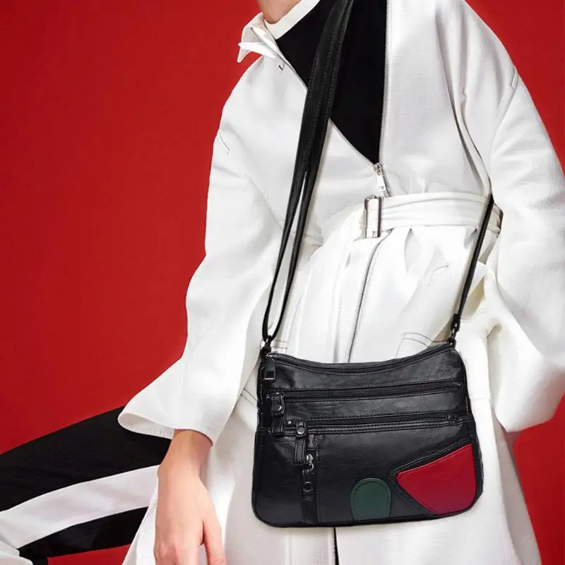 

Leisure Splicing Messenger Bag Women Large Capacity PU Leather Multi-pocket Shoulder Crossbody Handbag for Vacation and Travel