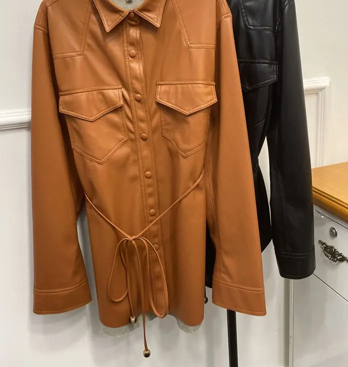 

2021 Women Jackets Autumn and Winter Belt Plain Leather Jacket Women's Jacket Lapel Locomotive Imitation Leather Jacket