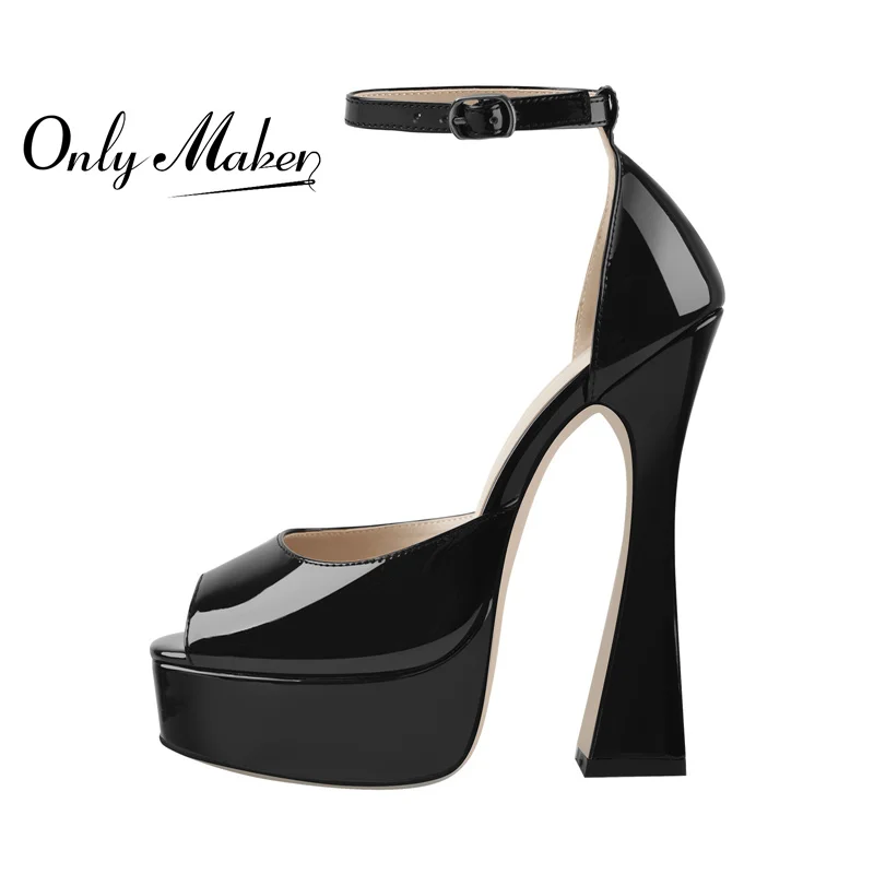OnlymakerWomenPlatformSummerSandalsBlackPatentLeatherAnkleStrapChunkyHighHeels
