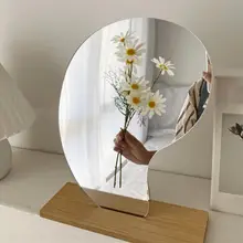 

50% Hot Sale Minimalism Household Desktop Irregular Makeup Cosmetic Mirror with Wooden Base
