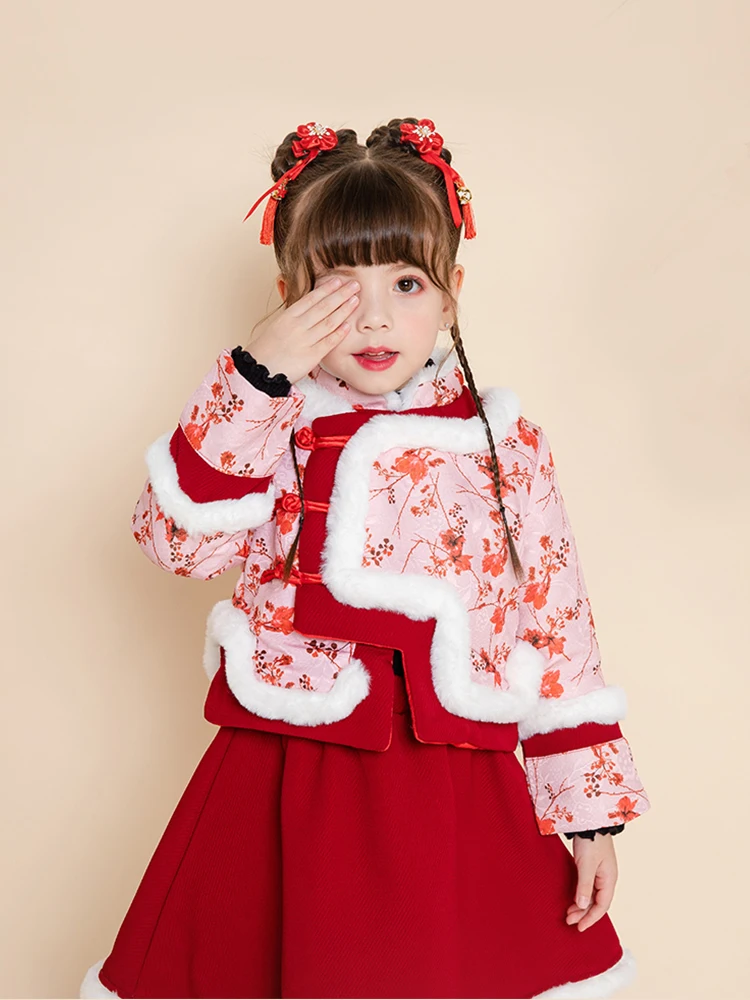 Новогодняя одежда для малышей; Hanfu; куртки для девочек; новогодний Детский костюм в стиле Танг; осенне-зимняя детская одежда для женщин