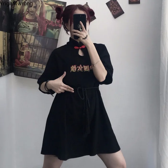 

Chinese Letter Print Turtleneck Cheongsam Vintage Elegant High Waist Tie Tassel Black Loose Sexy Gothic Dress Top Lolita Korean