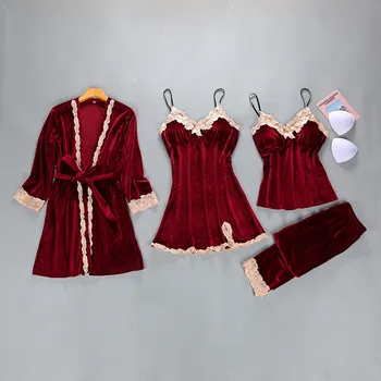 

Young Lady Sexy Red Lace 4PCS Pajamas Set Casual V-neck Sleep Suit Long Sleeve Sleepwear Lounge Nighty&pants Warm Home Wear