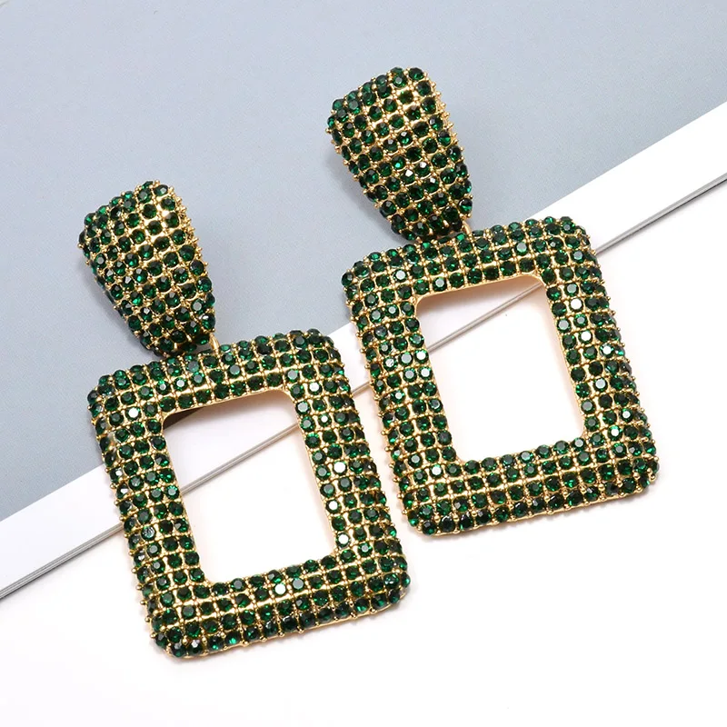 Висячие геометрические металлические висячие серьги шипованные с полными Разноцветные кристаллы ювелирные изделия аксессуары для женщин - Окраска металла: Green