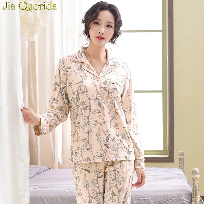 

2019 Spring Fall Long Sleeves Pajamas Set 2 Pcs 100% Cotton Sleeping Suit Loungewear Home Suit for Women Floral Female Pajamas