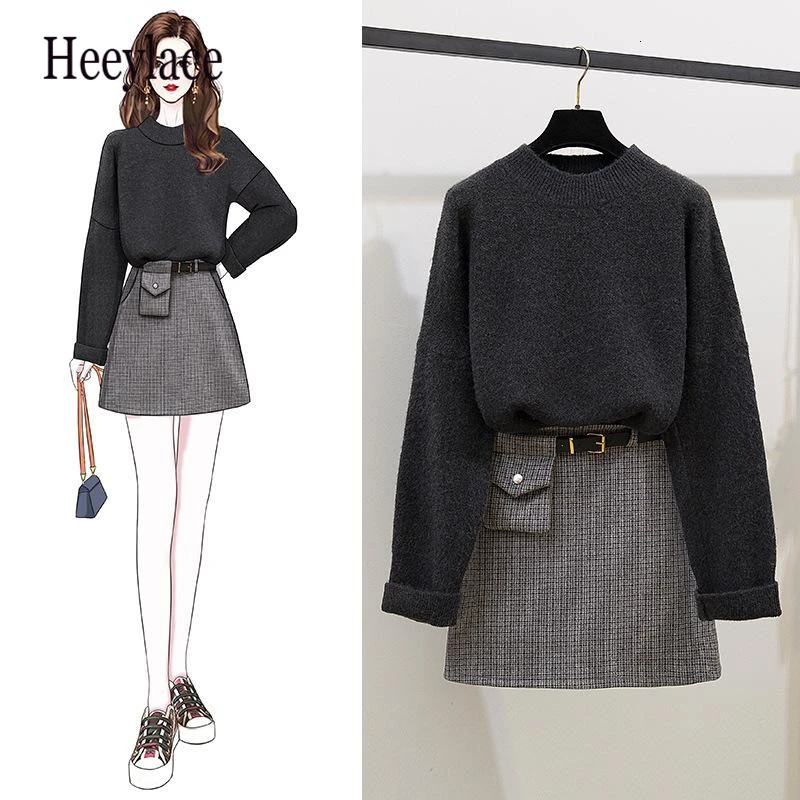 Heeylace офисный Женский комплект из 2 предметов, зимняя одежда, Элегантные корейские костюмы из двух частей, женский серый свитер, комплект из 2 предметов