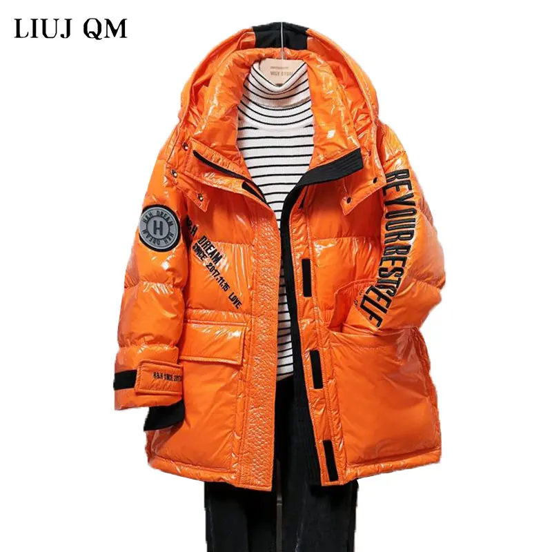 

European 2020 Winter New Candy Color Down Jacket Women's Short Casual Letter Embroidery Shiny Fashion Hooded Jacket Female