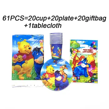 

61PCS Cartoon Disney Winnie The Pooh Party Supplies Decor Plates Cups Tableware Birthday Party Gift Bags For Kids Party Supply