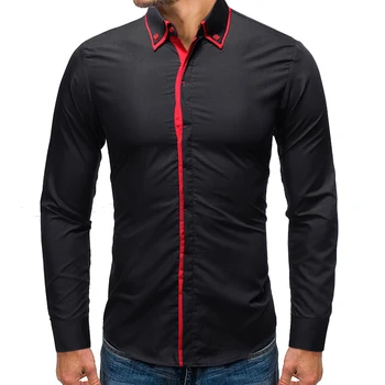 

Men's European code new shirt plain color patchwork patchwork shirt youth simple casual four seasons long-sleeved shirt