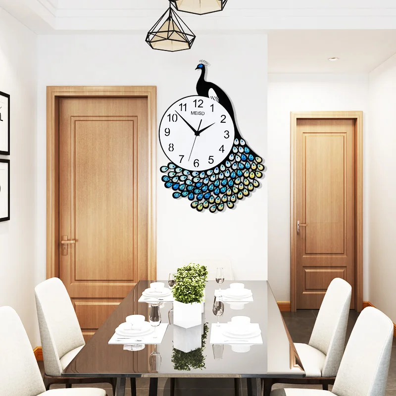 

Peacock Rhinestone Crystal Clock Modern Design Acrylic Beautiful Large Decorative Wall Clocks Watch Living Room Free Shining
